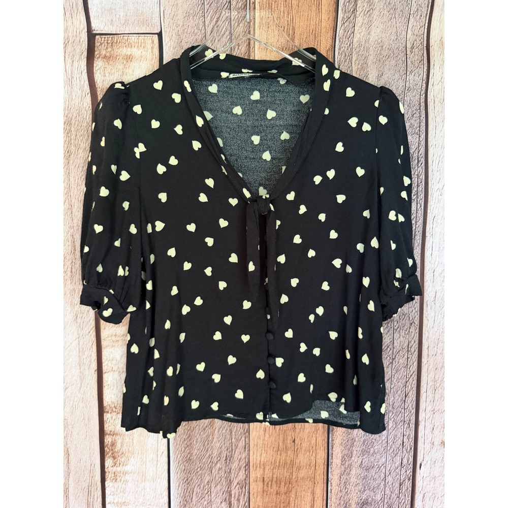 Reformation Joelle Top Heart Print Tie Neck Blouse Black Coquette Romantic Small